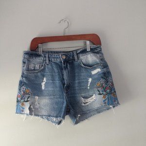 Zara | High Rise Denim Floral Embroidered Shorts